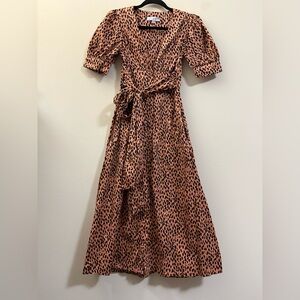 Love Whit Animal Print Puff Sleeve Midi Dress‎ in Orangey Brown and Black - S